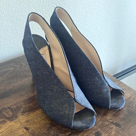 Jimmy Choo Shoes - Jimmy Choo Denim Peep-Toe Wedge Slingbacks in Dark Blue
